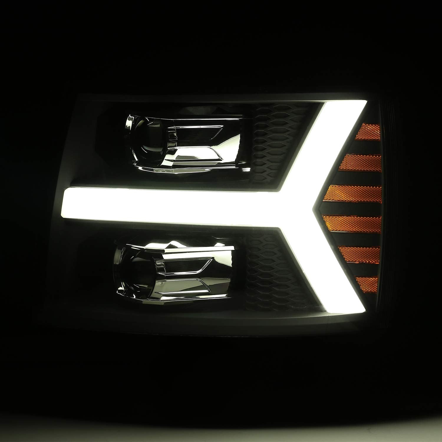 07-13 Chevy 1500HD AlphaRex (880206) PRO-Series Proj Headlight Plank Style Gloss Blk w/Activ Light/Seq Signal