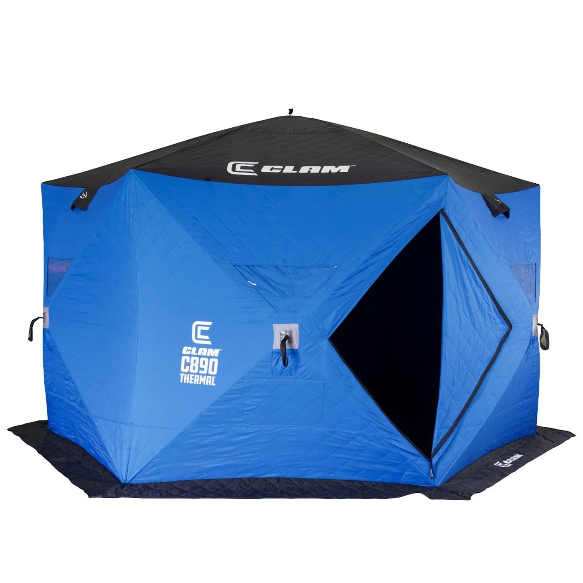 Portable CLAM C-890 Ice Fishing Tent - 11.5x11.5 ft Thermal Hub Shelter with Easy Setup Anchors, Durable Tie Ropes & Carry Bag
