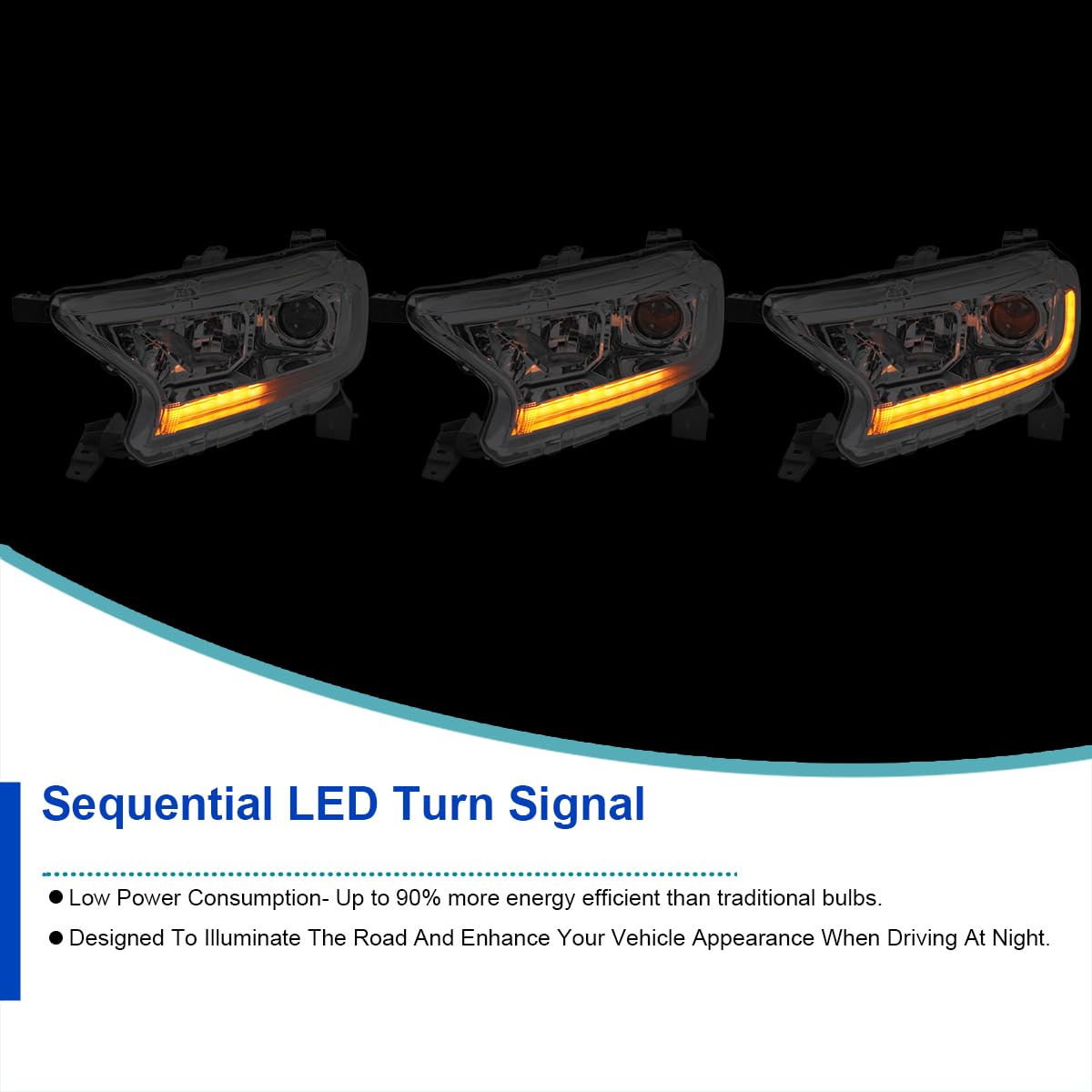 Chrome Sequential Projector Headlights SPEC-D TUNING Compatible with 2019-2022 Ford Ranger XL/XLT, Left + Right Pair Headlamps Assembly