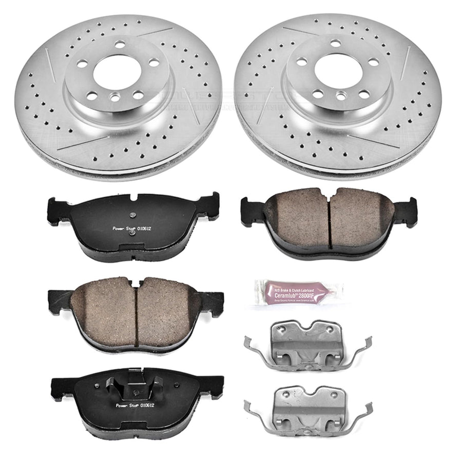 Power Stop K6064 Z23 Carbon Fiber Brake Pads Front with Drilled & Slotted Brake Rotors Kit and 1 Front Sensor Wire For BMW X5 2011-2018, BMW X6 2011-2019 [Model Specific]