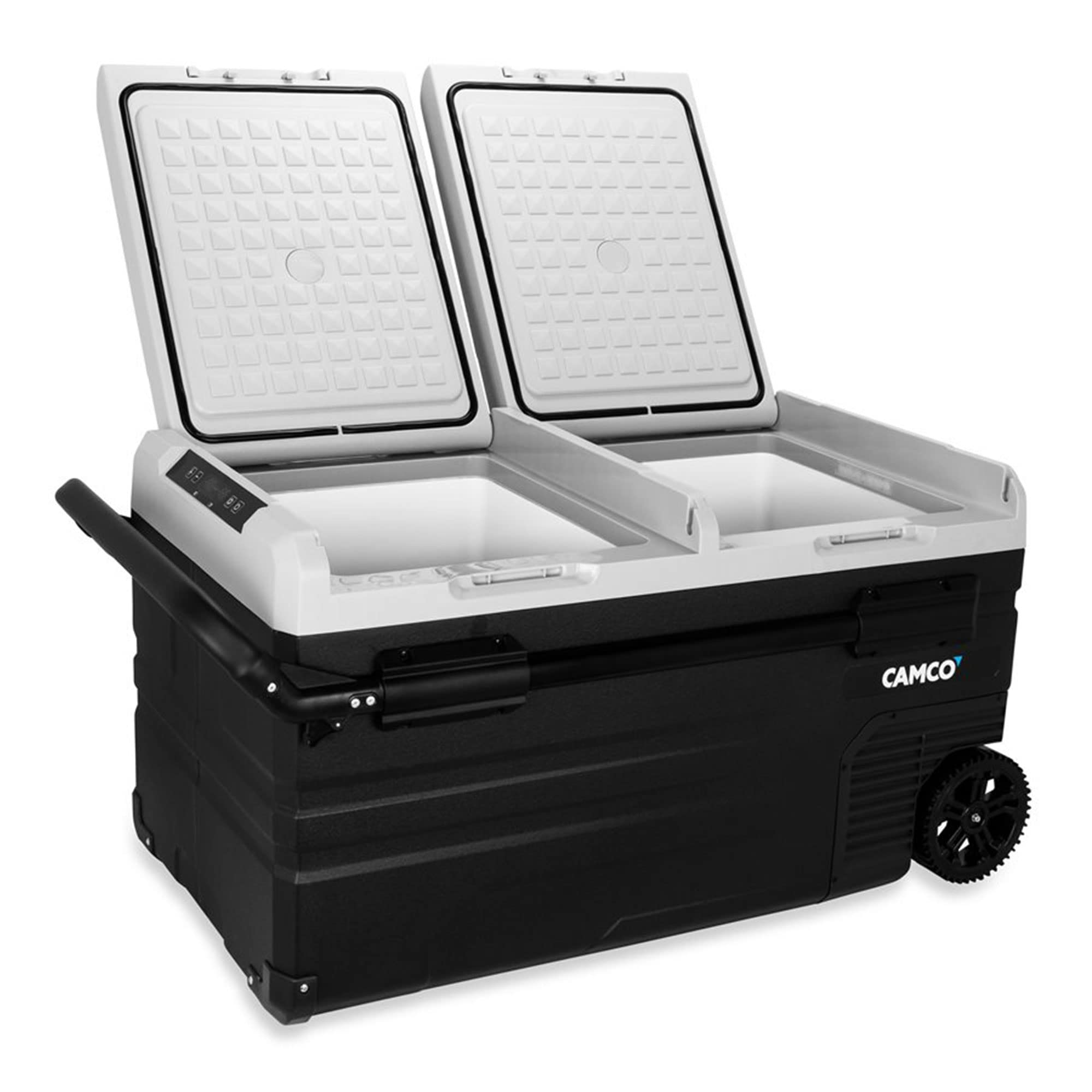 Camco 51520 Portable Refrigerator CAM-750, AC 110V/DC 12V Compact Fridge/Freezer with Dual Zone Cooling, 75-Liter - Keeps Food and Drinks Cold While On-the-Go - Ideal for Road Trips, RVing, Camping, B , Black