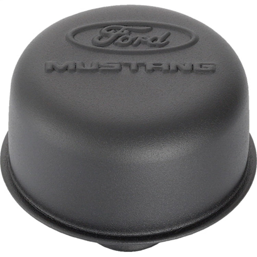 302-221 Ford Breather - Push-in - Round - 1-1/4 in Hole Mustang Logo - Steel - Black Crinkle - Each