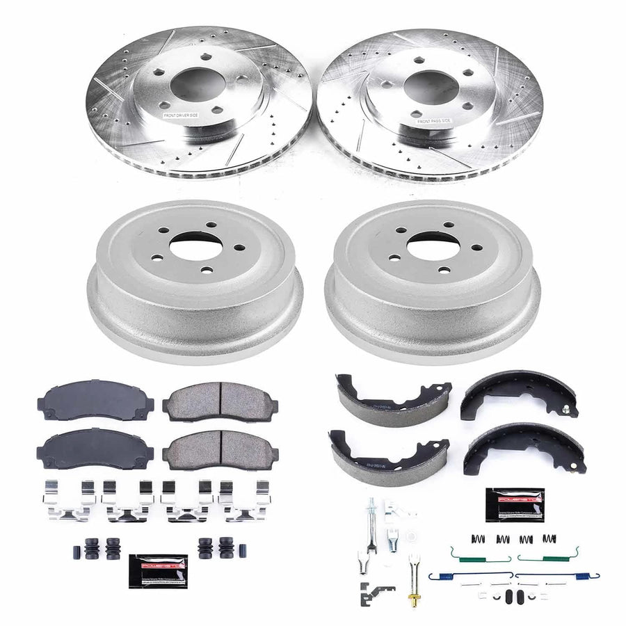 Power Stop K15218DK Z23 Carbon Fiber Brake Pads Front and Rear with Drilled & Slotted Brake Drums Kit For Chevrolet Equinox 2005-2006, Pontiac Torrent 2006 [Model Specific]