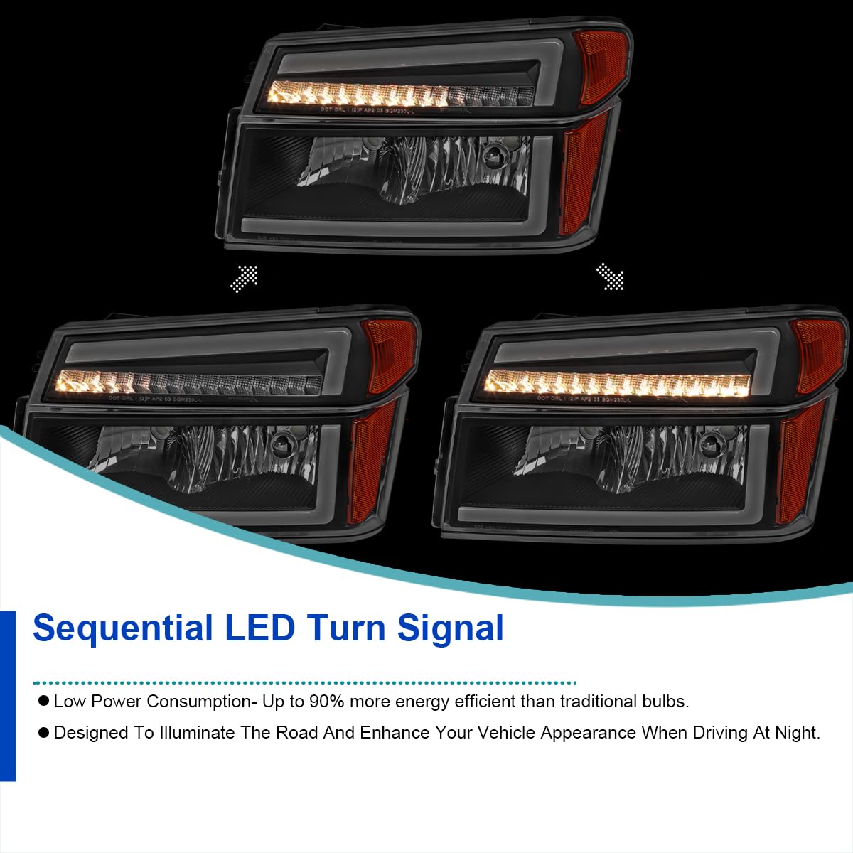 Black Headlights + Corner Lights w/LED Tube SPEC-D TUNING Compatible with 2004-2012 Chevy Colorado, GMC Canyon Left+Right Head Lamp Assembly