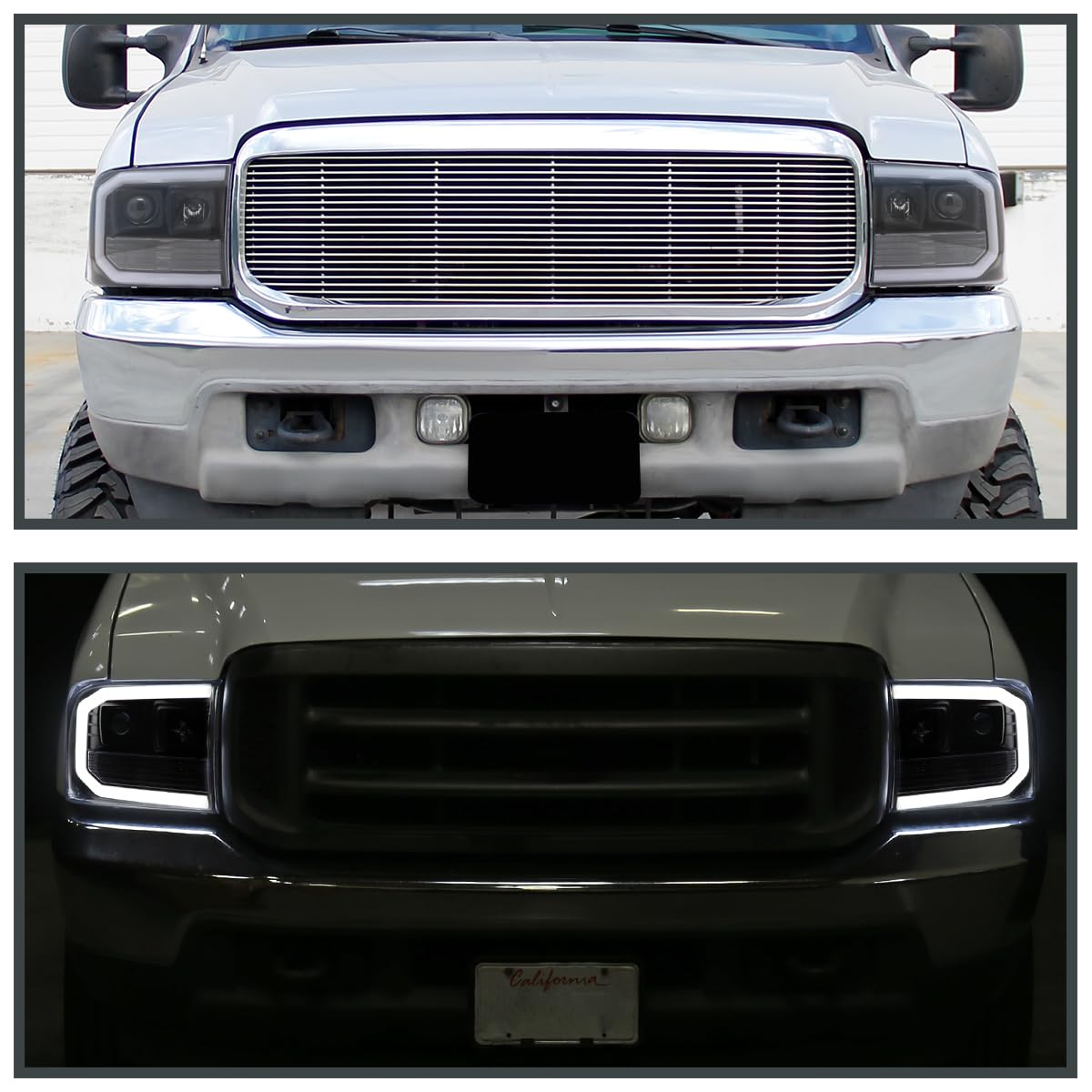 Black SPEC-D TUNING Projector Headlights w/LED Tube Compatible with 1999-2004 Ford F-250, F-350, F-450 SuperDuty, Left + Right Pair Headlamps Assembly