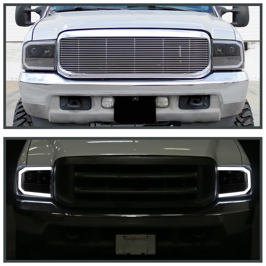Black SPEC-D TUNING Projector Headlights w/LED Tube Compatible with 1999-2004 Ford F-250, F-350, F-450 SuperDuty, Left + Right Pair Headlamps Assembly