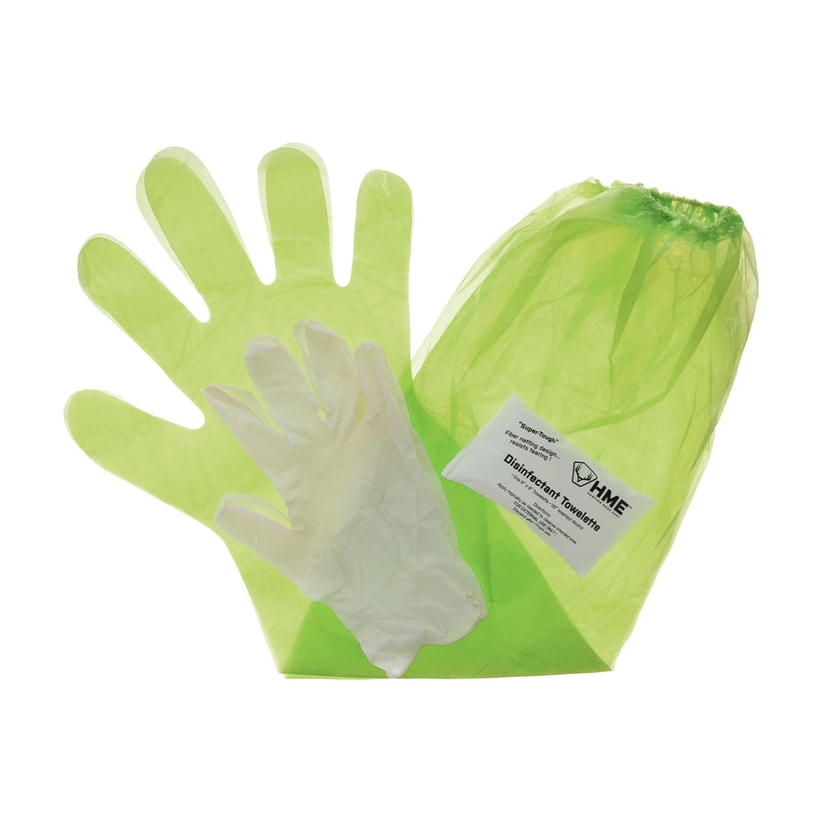 HME Cleaning Game Gloves with Towelette Disposable Shoulder-Length Field Dressing Gloves with Elastic Bands, Form-Fitting Gloves and 8" x 8" Disinfectant Towelette