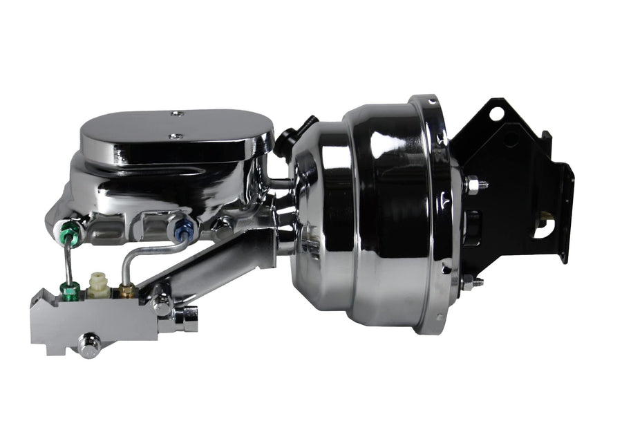8 Inch LEED BRAKES Dual Power Booster, 1-1/8 Inch Bore Flat Top Master, Side Mount Valve, Disc/Drum (Chrome)