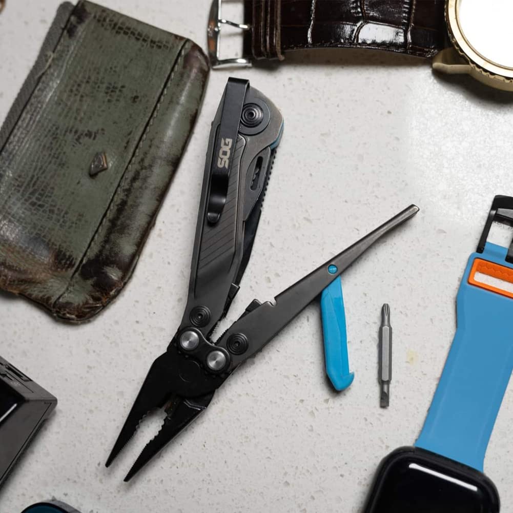 SOG Everyday Daily Solution EDC Compact Pocket Size Flash MT Multi-Tool, D2 Steel, 7 Tools, Stainless-Steel Housing, Urban Gray & Cyan