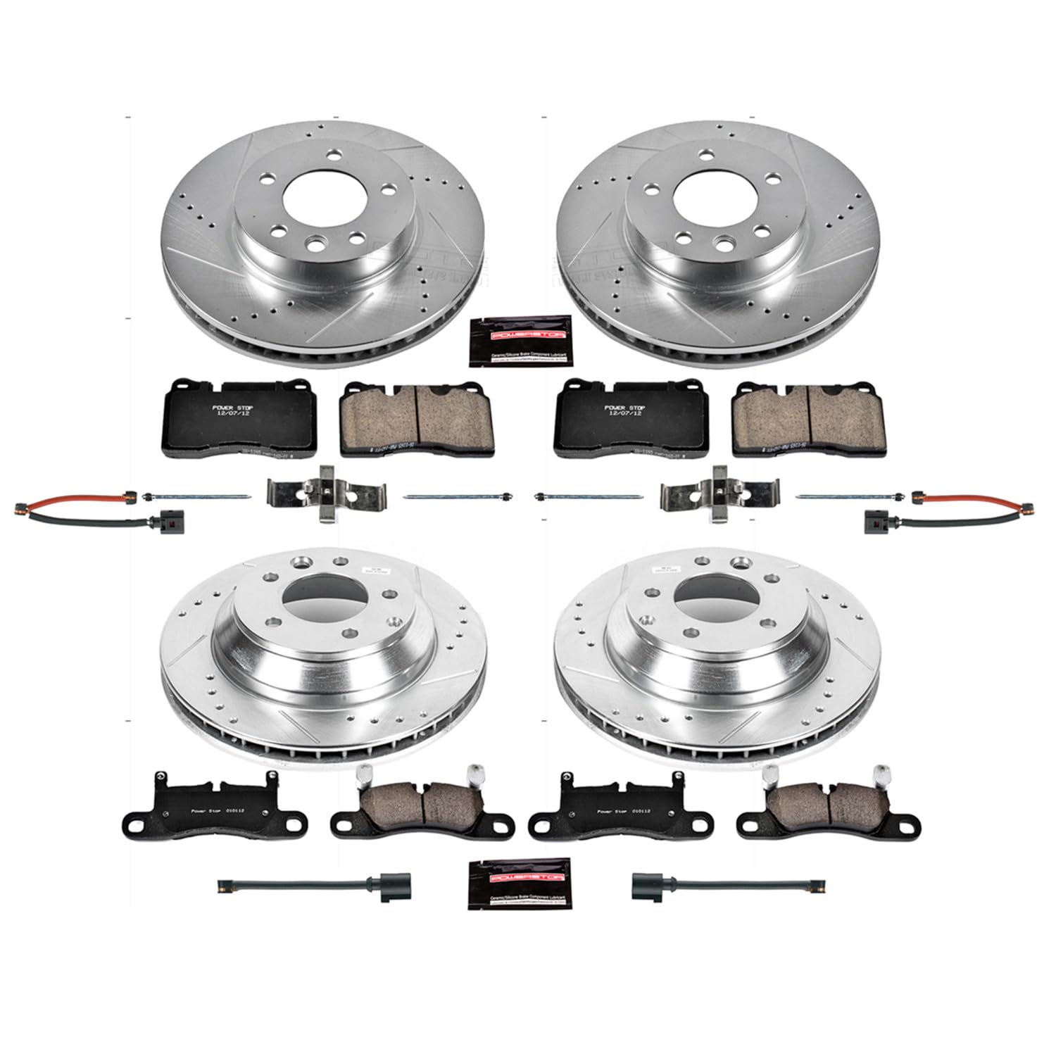 Power Stop K6724 Z23 Carbon Fiber Brake Pads Front and Rear with Drilled & Slotted Brake Rotors Kit and 2 Front & 2 Rear Sensor Wires For Volkswagen Touareg 2011-2017 [Model Specific]