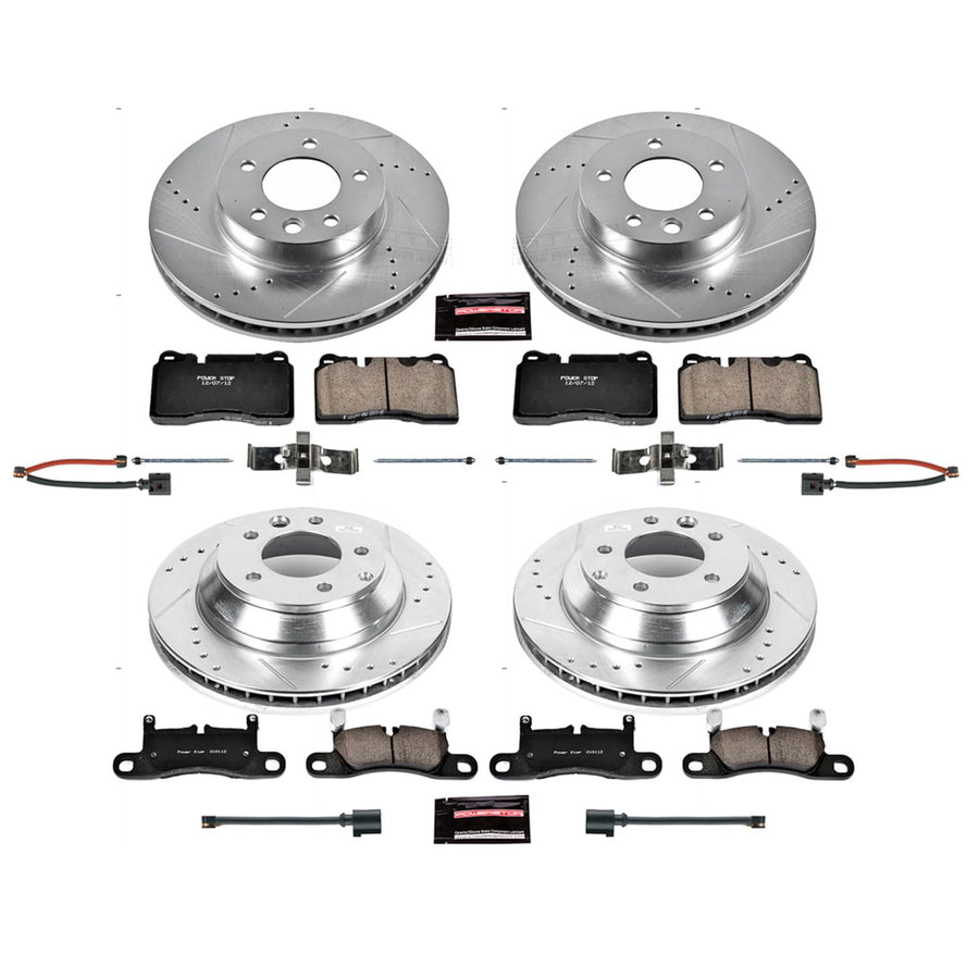 Power Stop K6724 Z23 Carbon Fiber Brake Pads Front and Rear with Drilled & Slotted Brake Rotors Kit and 2 Front & 2 Rear Sensor Wires For Volkswagen Touareg 2011-2017 [Model Specific]