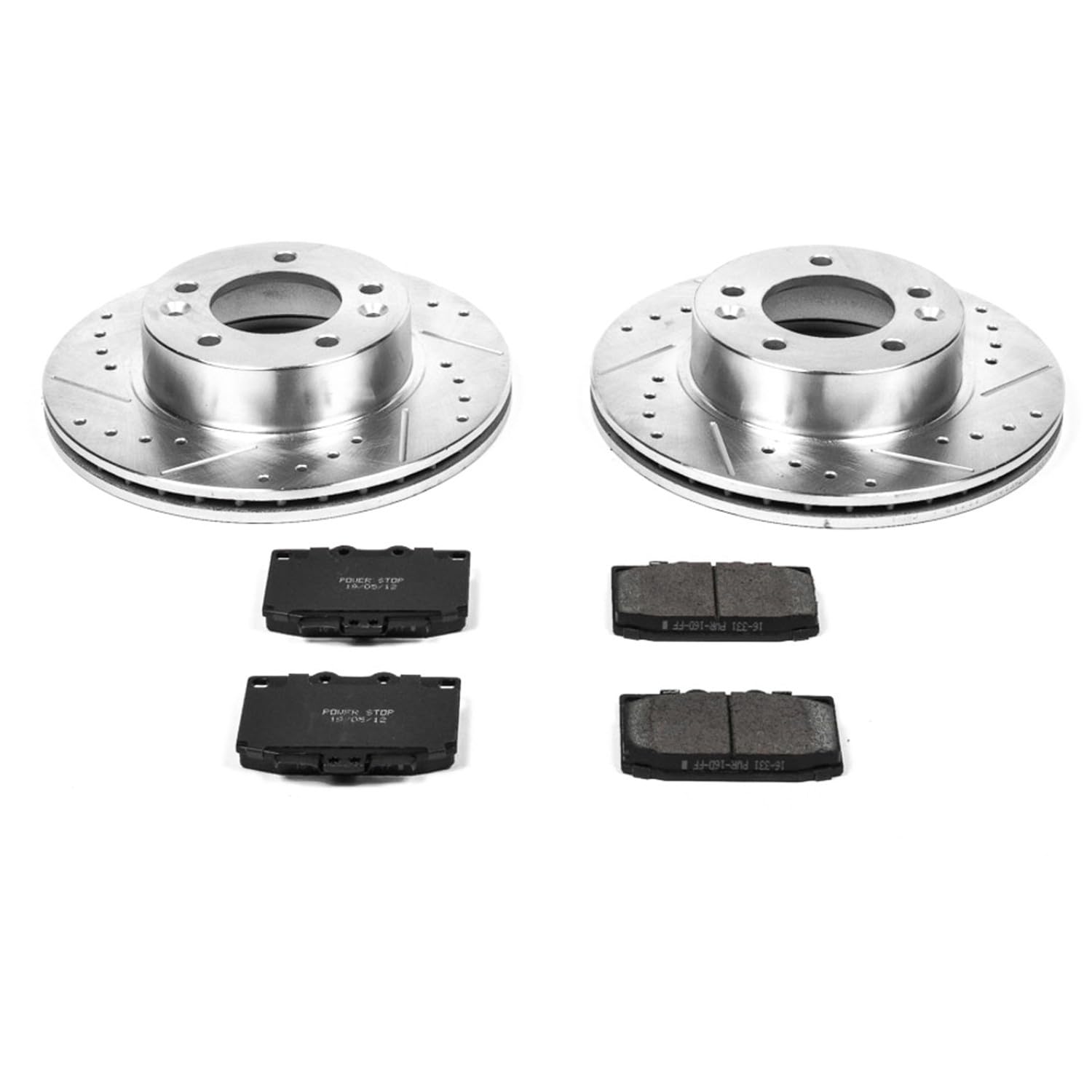 Power Stop K470 Z23 Front Carbon Fiber Brake Pads with Drilled & Slotted Brake Rotors Kit For Mazda RX-7 1986-1991 [Model Specific]