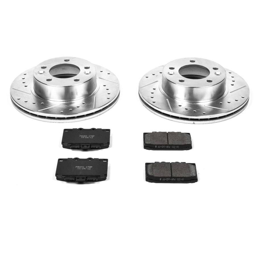 Power Stop K470 Z23 Front Carbon Fiber Brake Pads with Drilled & Slotted Brake Rotors Kit For Mazda RX-7 1986-1991 [Model Specific]