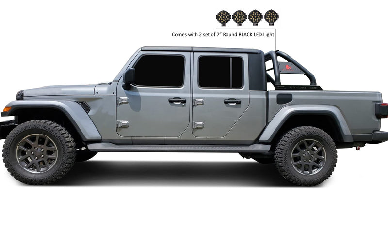 CLASSIC Black Horse Roll Bar incl. pair of 7.0"Dia. LED Lights w/Black Trim Rings Black Compatible with 2020-2024 Jeep Gladiator-RB09BK-PLB