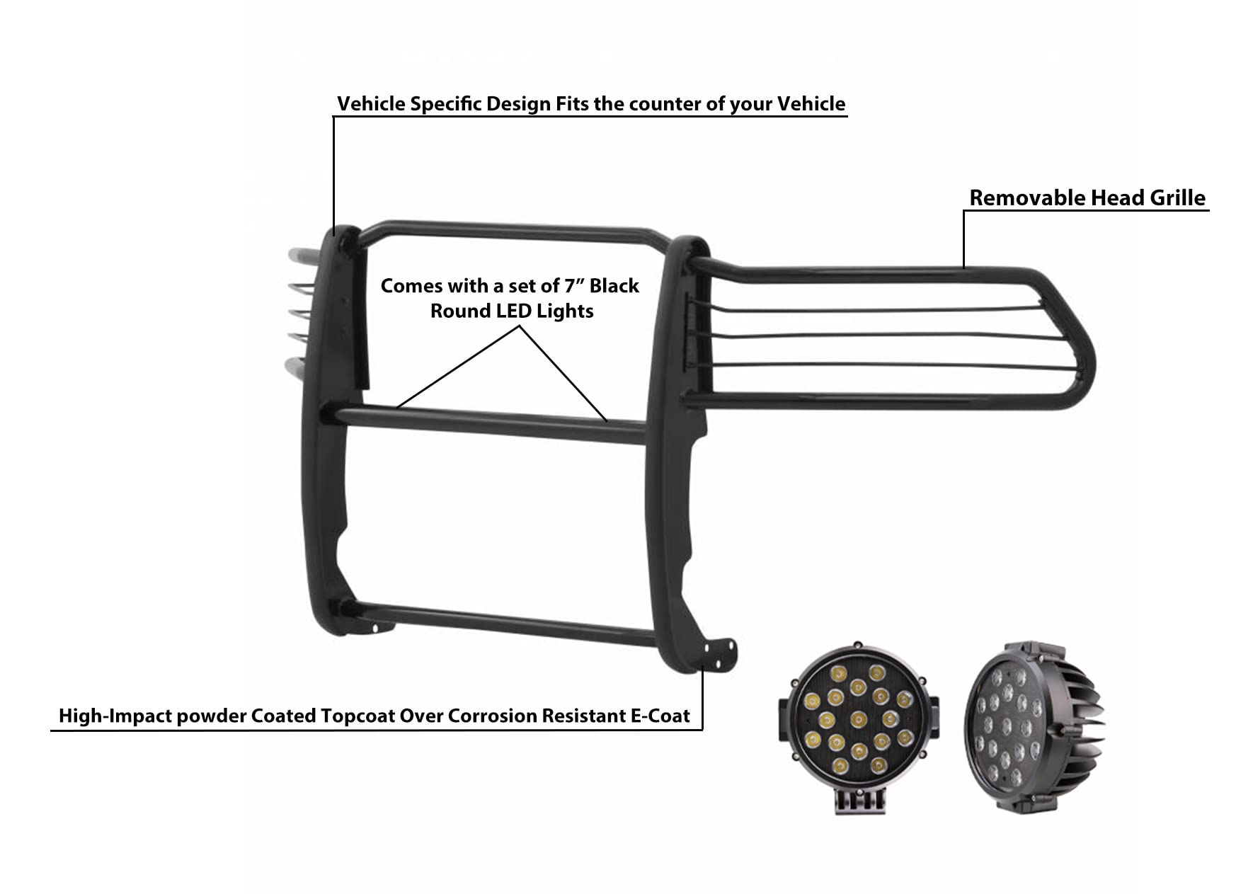 Bumper Guard Black Horse Grille Brush Modular Black Come with Pair of 7.0" Dia.LED Lights with Black Trim Rings Compatible with 2010-2018 Ram 2500|2011-2018 Ram 3500-17DR01MA-PLB