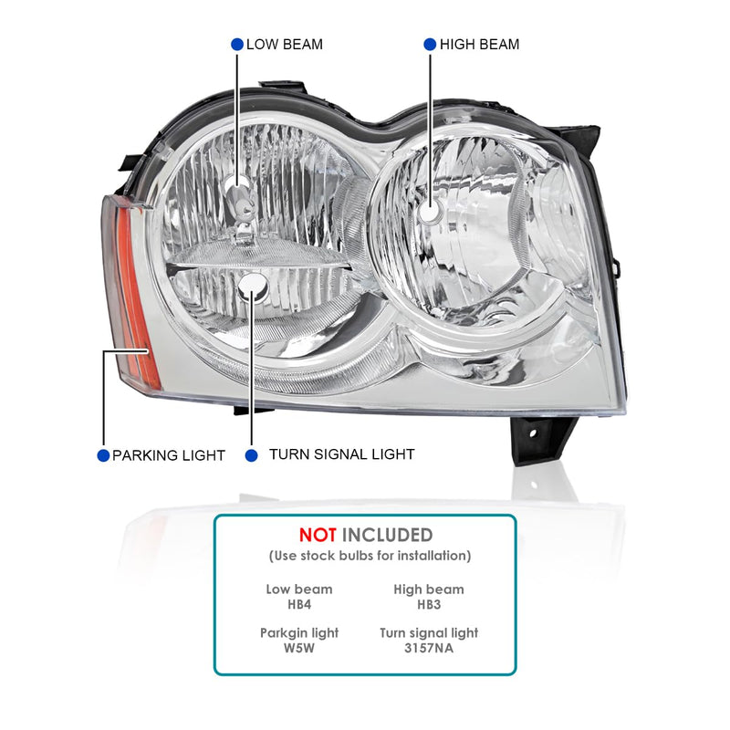 Chrome Headlights SPEC-D TUNING Compatible with 2005-2007 Jeep Grand Cherokee, Left + Right Head Lights Assembly