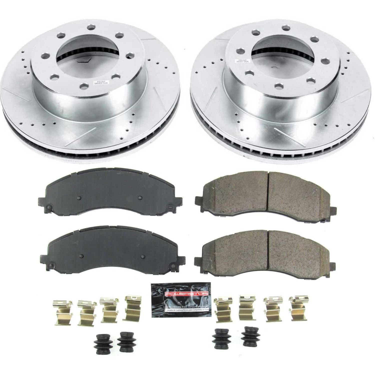 Power Stop K8478 Z23 Carbon Fiber Brake Pads with Drilled and Slotted Brake Rotors Kit For 2019 2020 2021 2022 Ram 2500 | 2019 2020 2021 2022 Ram 3500