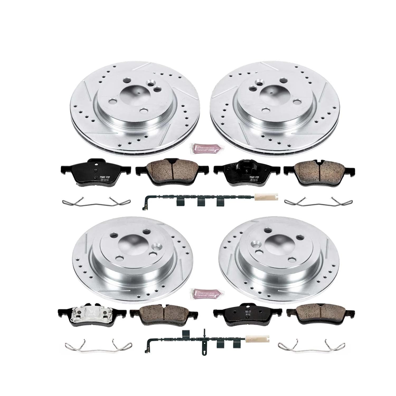 Power Stop K6298 Z23 Carbon Fiber Brake Pads Front and Rear with Drilled & Slotted Brake Rotors Kit and 1 Front & 1 Rear Sensor Wires For Mini Cooper 2007-2010 [Model Specific]