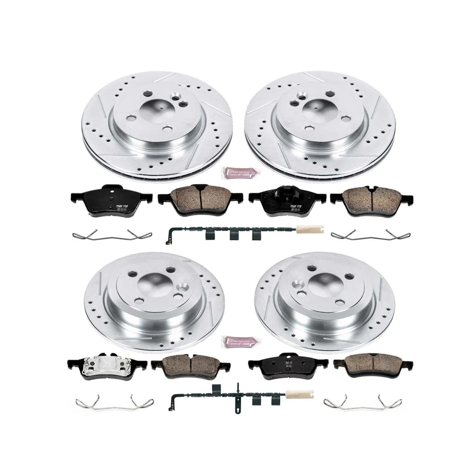 Power Stop K6298 Z23 Carbon Fiber Brake Pads Front and Rear with Drilled & Slotted Brake Rotors Kit and 1 Front & 1 Rear Sensor Wires For Mini Cooper 2007-2010 [Model Specific]