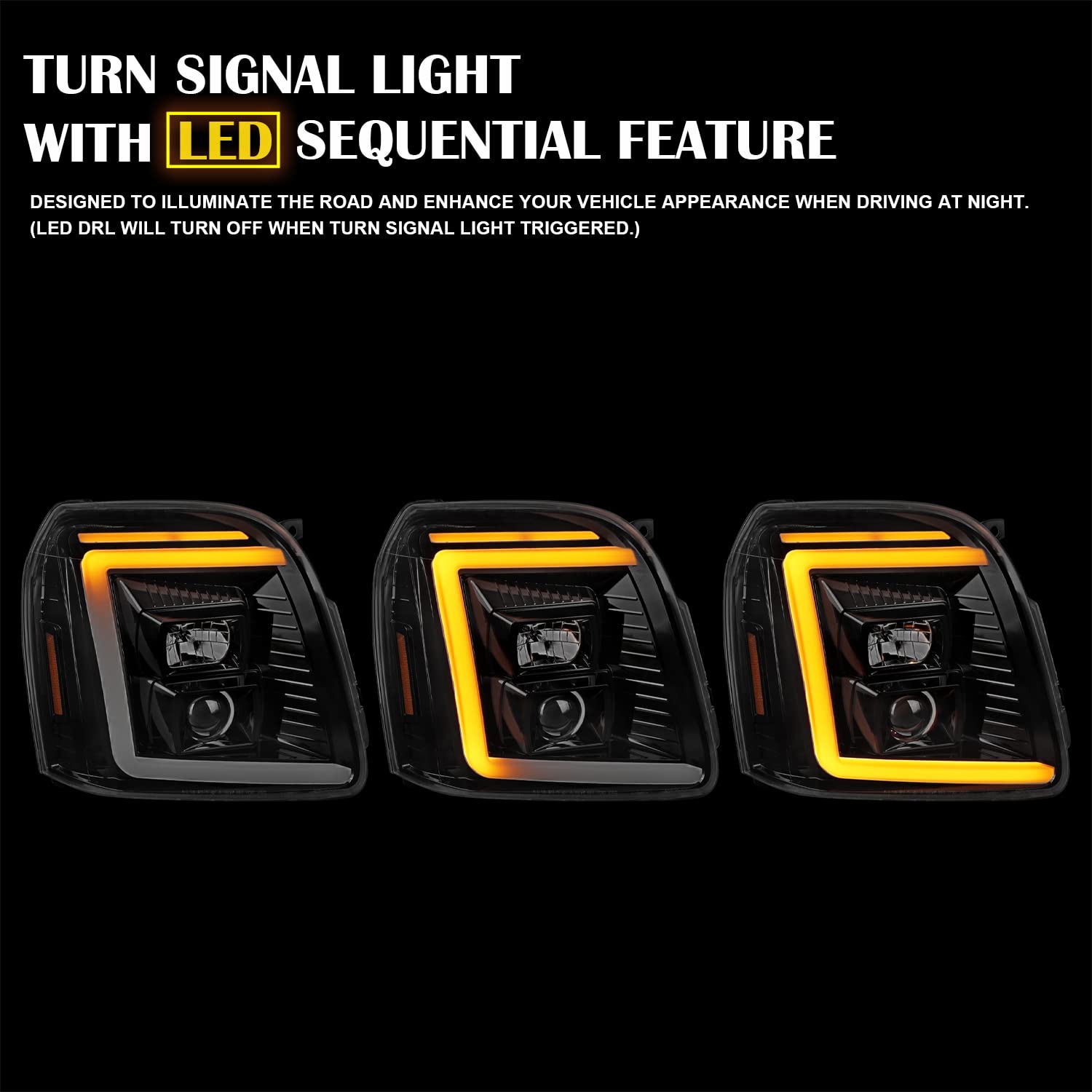 Jet Black SPEC-D TUNING Sequential LED Signal Tube Projector Headlights Compatible with 2007-2014 GMC Yukon/Yukon XL Denali 1500 2500, Left + Right Pair Headlamps Assembly