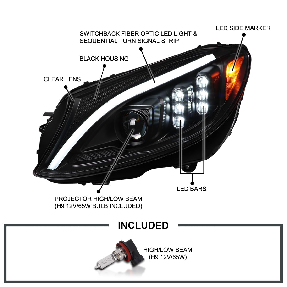 Black SPEC-D TUNING Projector Headlights w/Switchback LED Strips and Sequential Turn Signal Compatible with 2015-2018 Mercedes-Benz C-Class W205