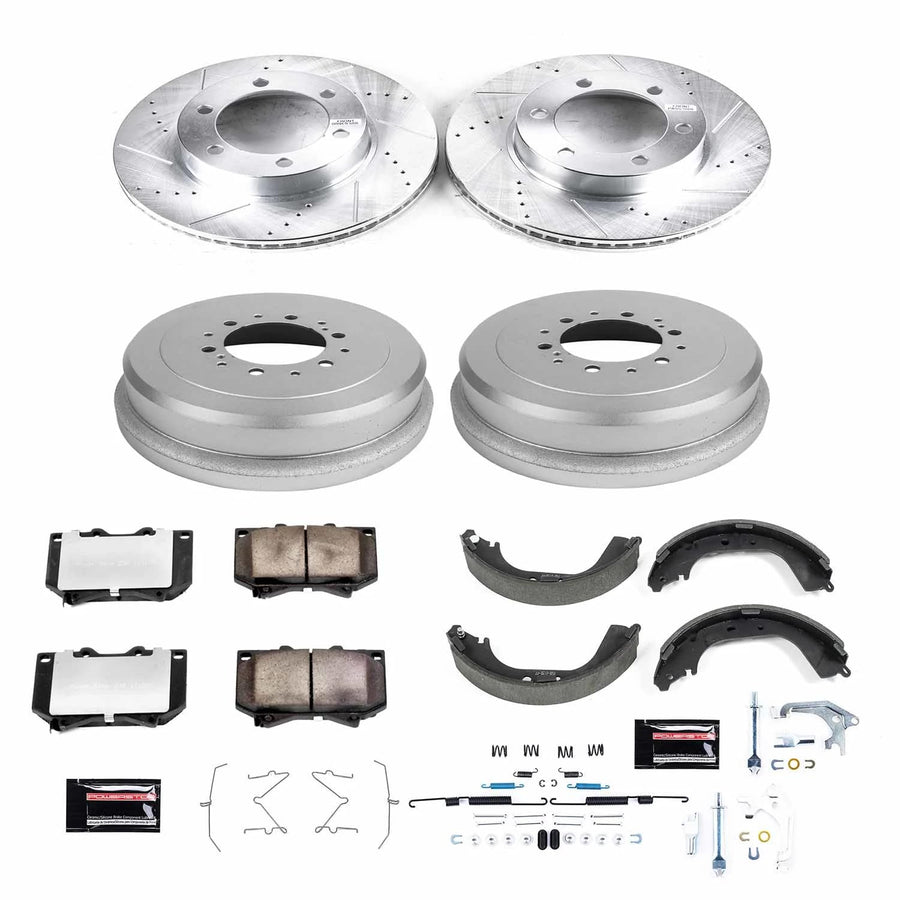 Power Stop Brake Kit Front and Rear For 2000 2001 2002 Toyota Tundra - Truck & Tow Carbon Fiber Ceramic Pads, Drums, & Drilled and Slotted Rotors Replacement, K15099DK-36
