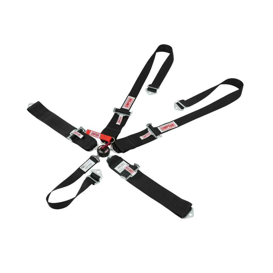 SIMPSON SAFETY Harness 29110BKH - 5 Point - Camlock - SFI 16.1-55 in Length - Pull Down Adjust - Bolt-On/Wrap Around - Individual Harness - Black - Kit