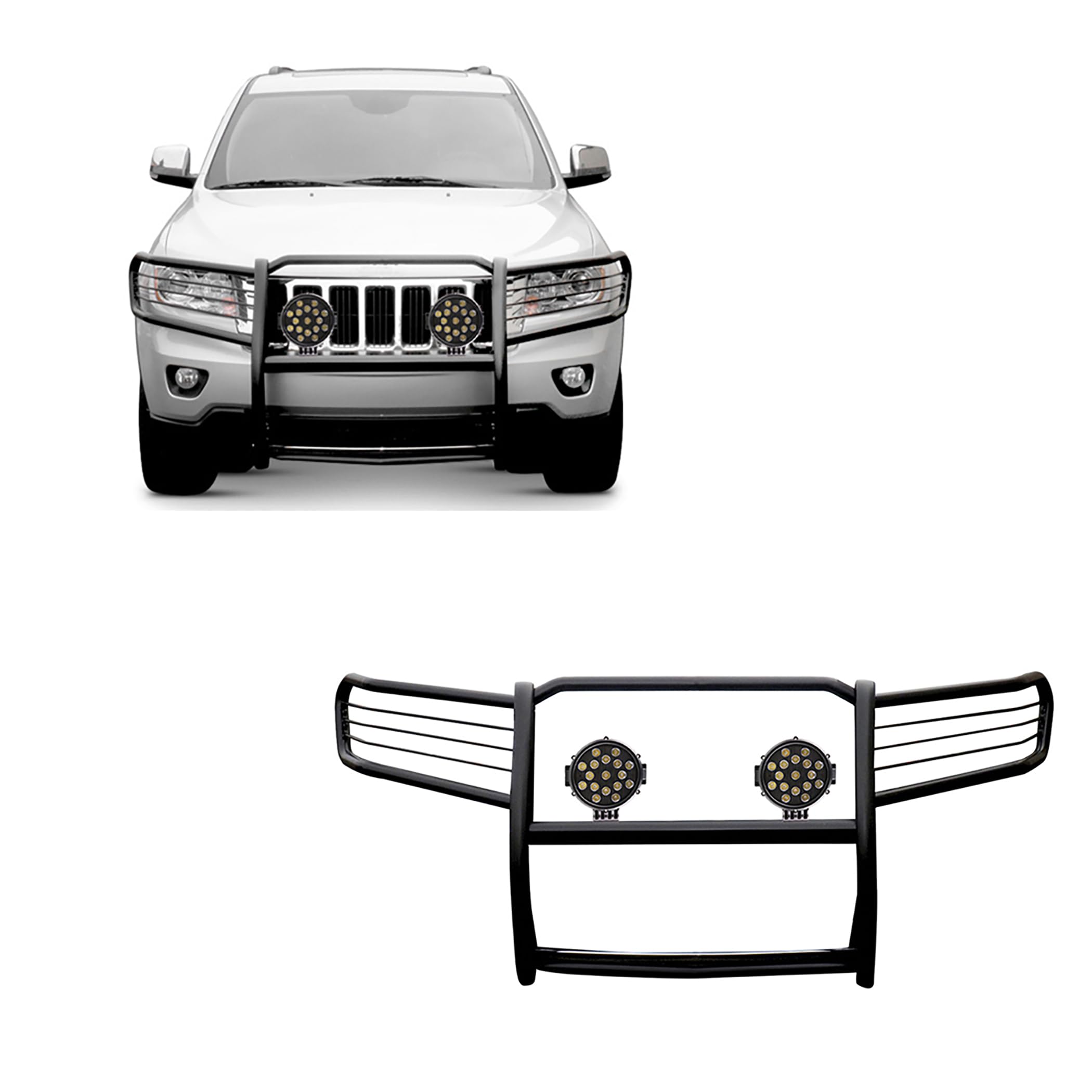 Grille Brush Black Horse Bumper Guard Modular Black Come with Pair of 7.0" Dia.LED Lights with Black Trim Rings Compatible with 2005-2010 Jeep Grand Cherokee-17A080200MA-PLB