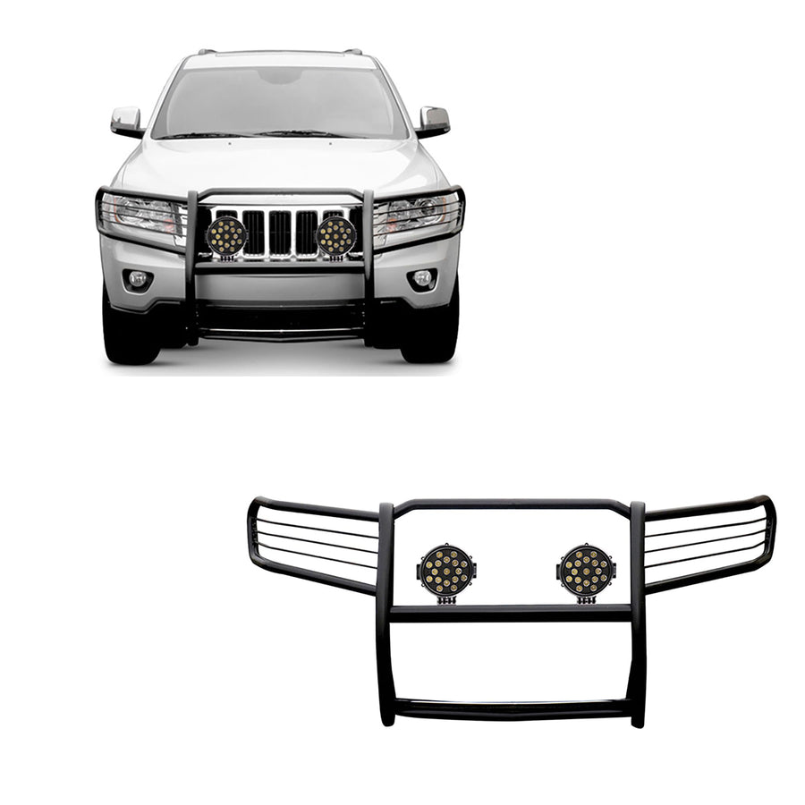 Grille Brush Black Horse Bumper Guard Modular Black Come with Pair of 7.0" Dia.LED Lights with Black Trim Rings Compatible with 2005-2010 Jeep Grand Cherokee-17A080200MA-PLB