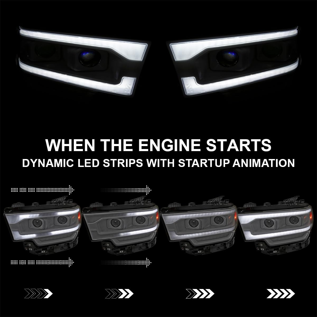 Special Edition SPEC-D TUNING Arctic White Dual Projector Headlights w/Sequential LED Turn Signal and Startup Animation Compatible with 2019-2024 Dodge Ram 2500, 3500, 4500, Left + Right Pair