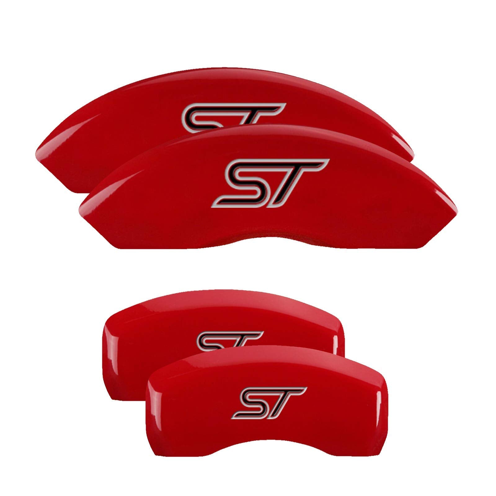 Brake Caliper Covers MGP for Ford Explorer 2020-2023 with Red Powder Coated Finish, Engraved Silver/Black ST Logo (Set of 4)