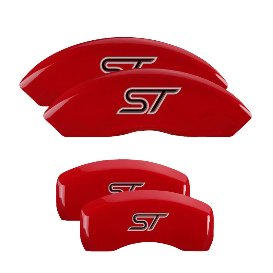 Brake Caliper Covers MGP for Ford Explorer 2020-2023 with Red Powder Coated Finish, Engraved Silver/Black ST Logo (Set of 4)