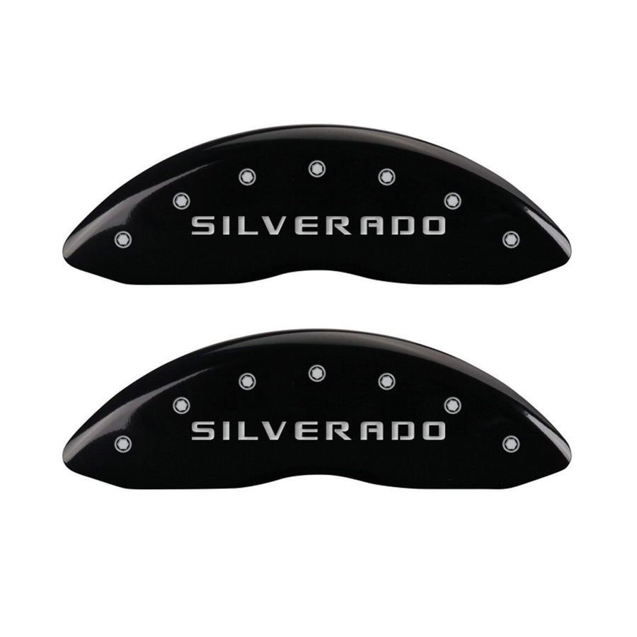 SET OF 4 CALIPER COVERS, BLACK FRONT AND REAR: SILVERADO, SILVER CHARACTERS