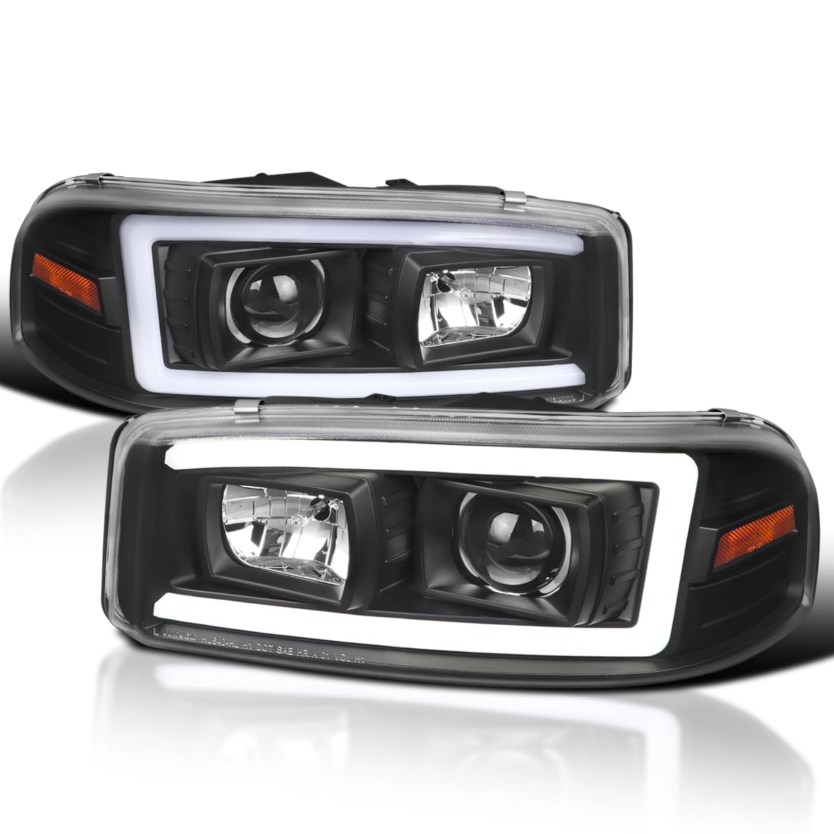 Black LED Light Tube Projector Headlight SPEC-D TUNING Compatible with 1999-2006 GMC Sierra Yukon XL 1500/2500/3500, Left + Right Pair Headlamps Assembly