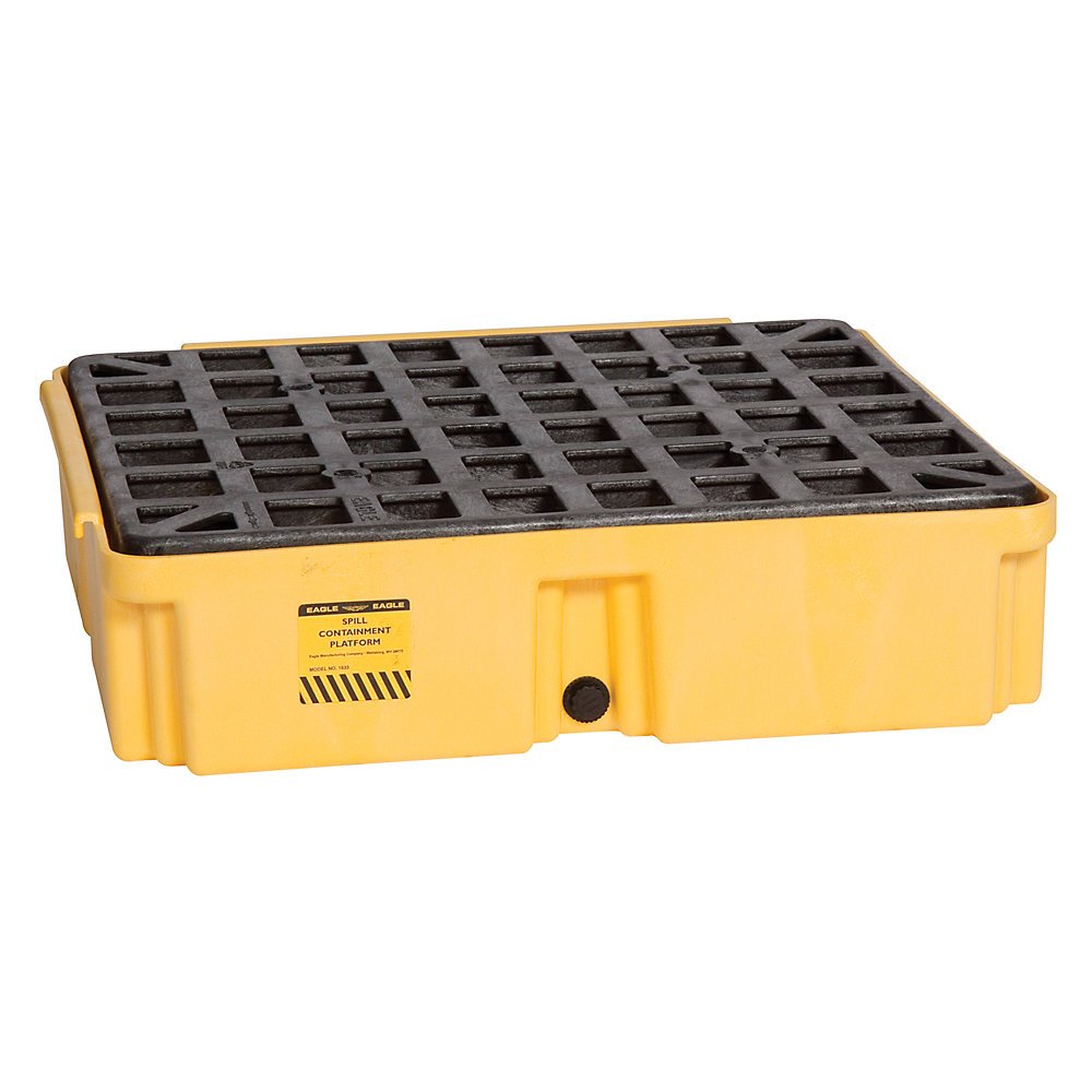 Eagle One Modular Drum Spill Platform with Drain, 26.25"x26"x6.5", 15 Gallon Sump, 2,000 lbs. Load Capacity Containment Tray, Made in USA, Yellow, 1633D