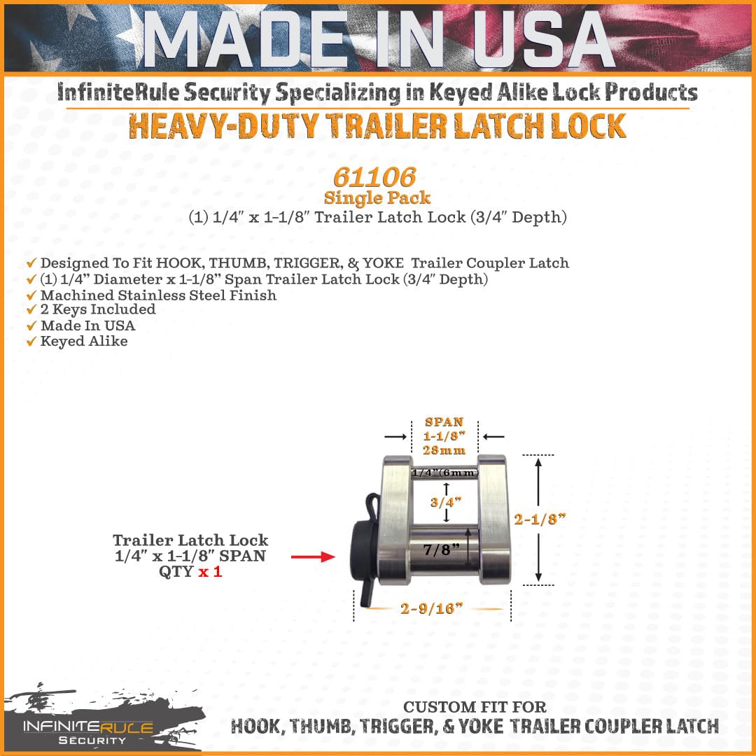 Trailer Latch Lock InfiniteRule 61106 for Hook, Thumb, Trigger, & Yoke Trailer Coupler Latch - (3/4" Depth)