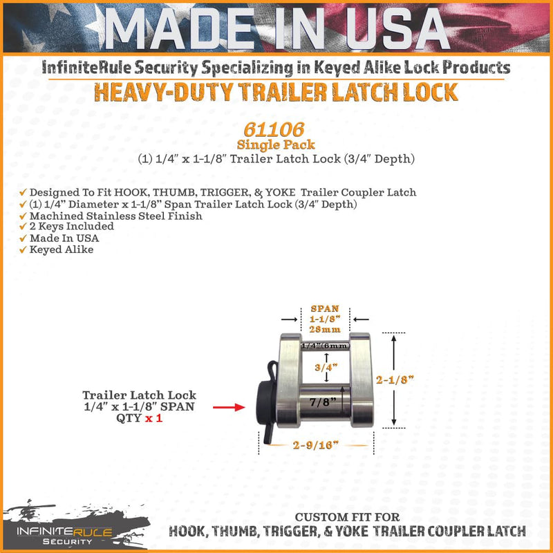 Trailer Latch Lock InfiniteRule 61106 for Hook, Thumb, Trigger, & Yoke Trailer Coupler Latch - (3/4" Depth)