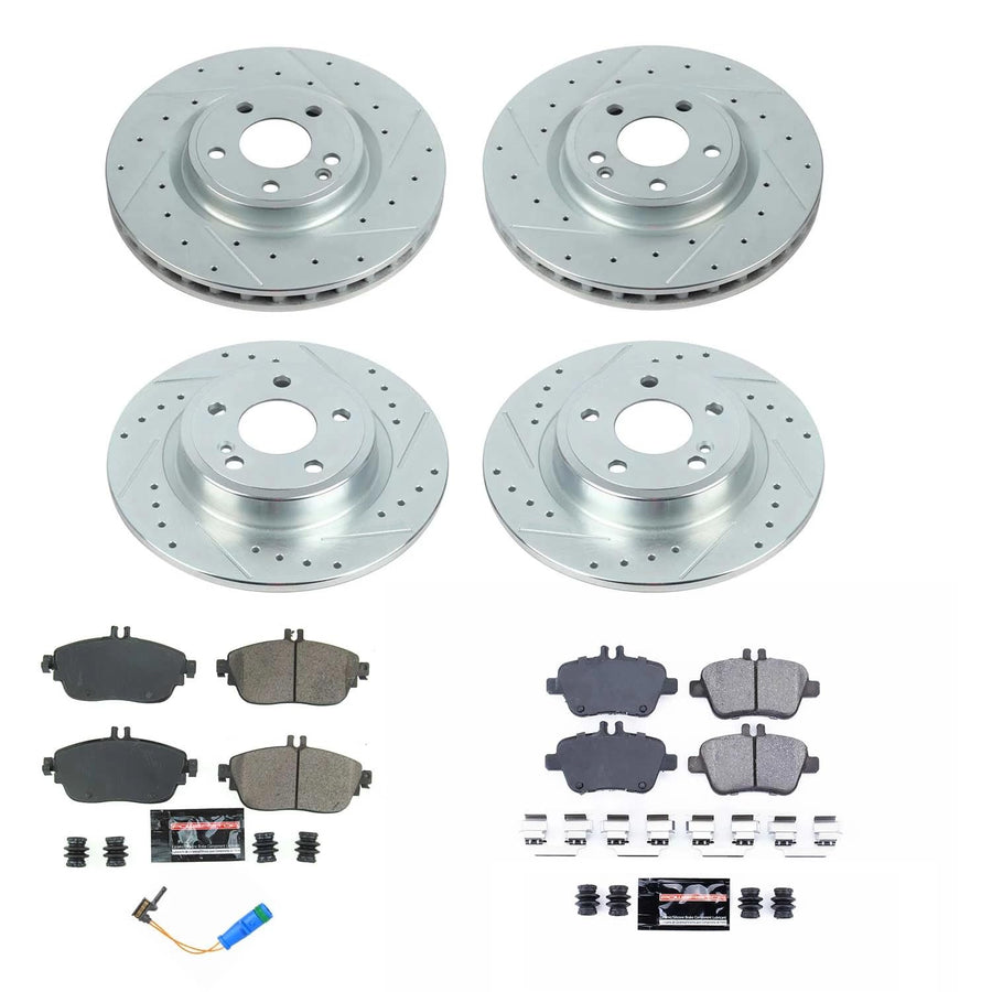 Power Stop K8046, Front and Rear Z23 Brake Kit-Drilled/Slotted Brake Rotors & Carbon Ceramic Brake Pads and 1 Front Sensor Wire For INFINITI QX30, Mercedes CLA250, Mercedes GLA250 [Model Specific]