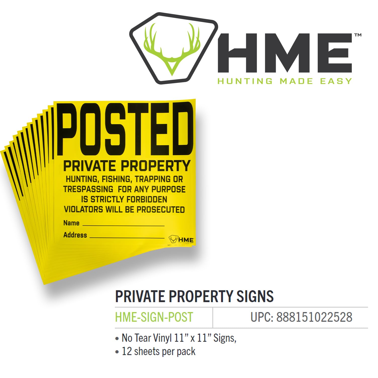 HME No Tear Durable Vinyl 11' x 11' Protecting Posted Private Property Signs - 12 Sheets Per Pack, Clear Straightforward Message