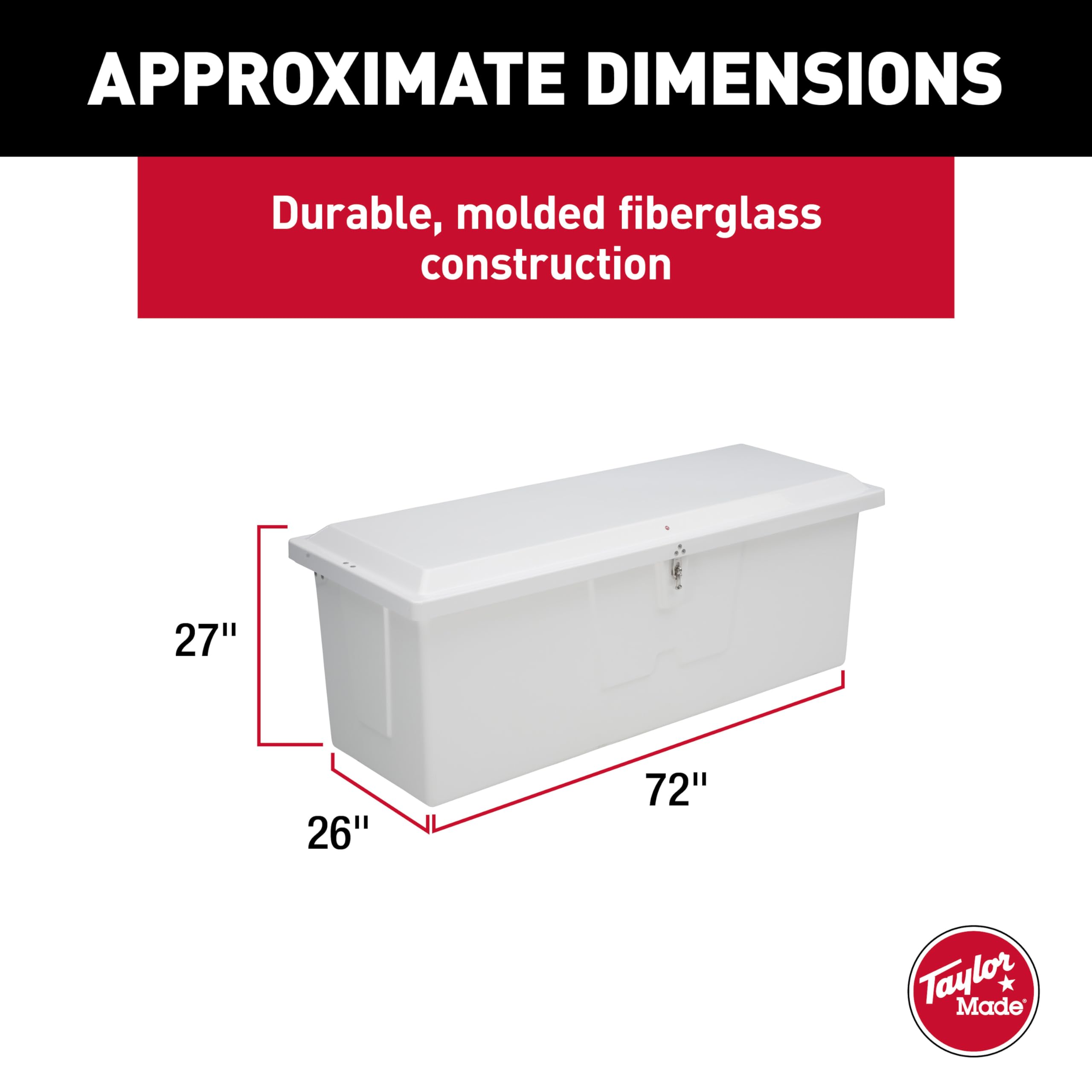 Stow 'N Go Medium Fiberglass Deep Dock Box TAYLOR MADE PRODUCTS, White (27"H x 72"W x 26"D) – Fiberglass construction, UV gelcoat finish, stainless steel lockable latch and hardware – 2020108644