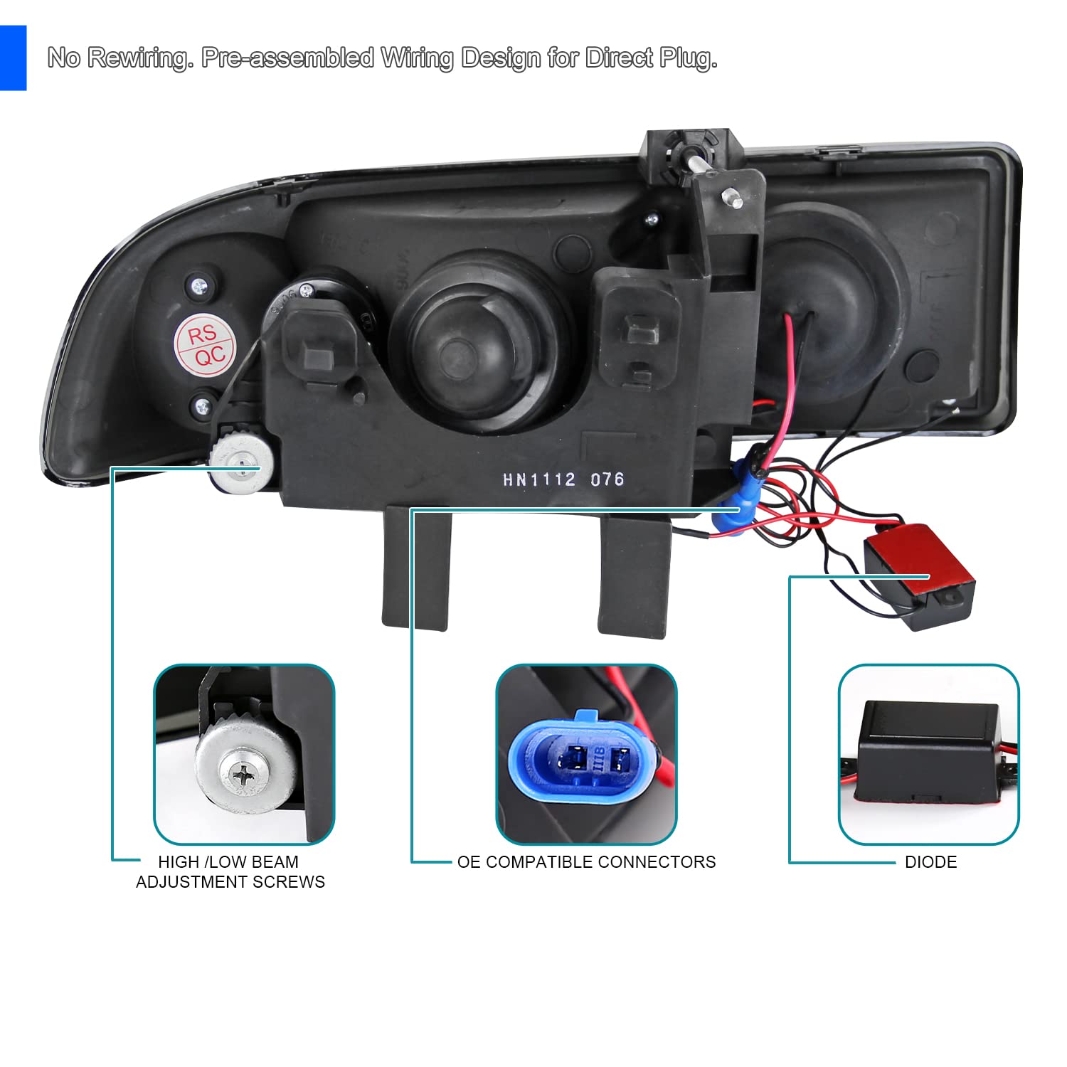 Smoke LED Halo Projector Headlights + LED Bumper Lights SPEC-D TUNING Compatible with 1998-2004 Chevy S10 Pickup, 1998-2004 Chevy Blazer, Left + Right Pair Headlamps Assembly