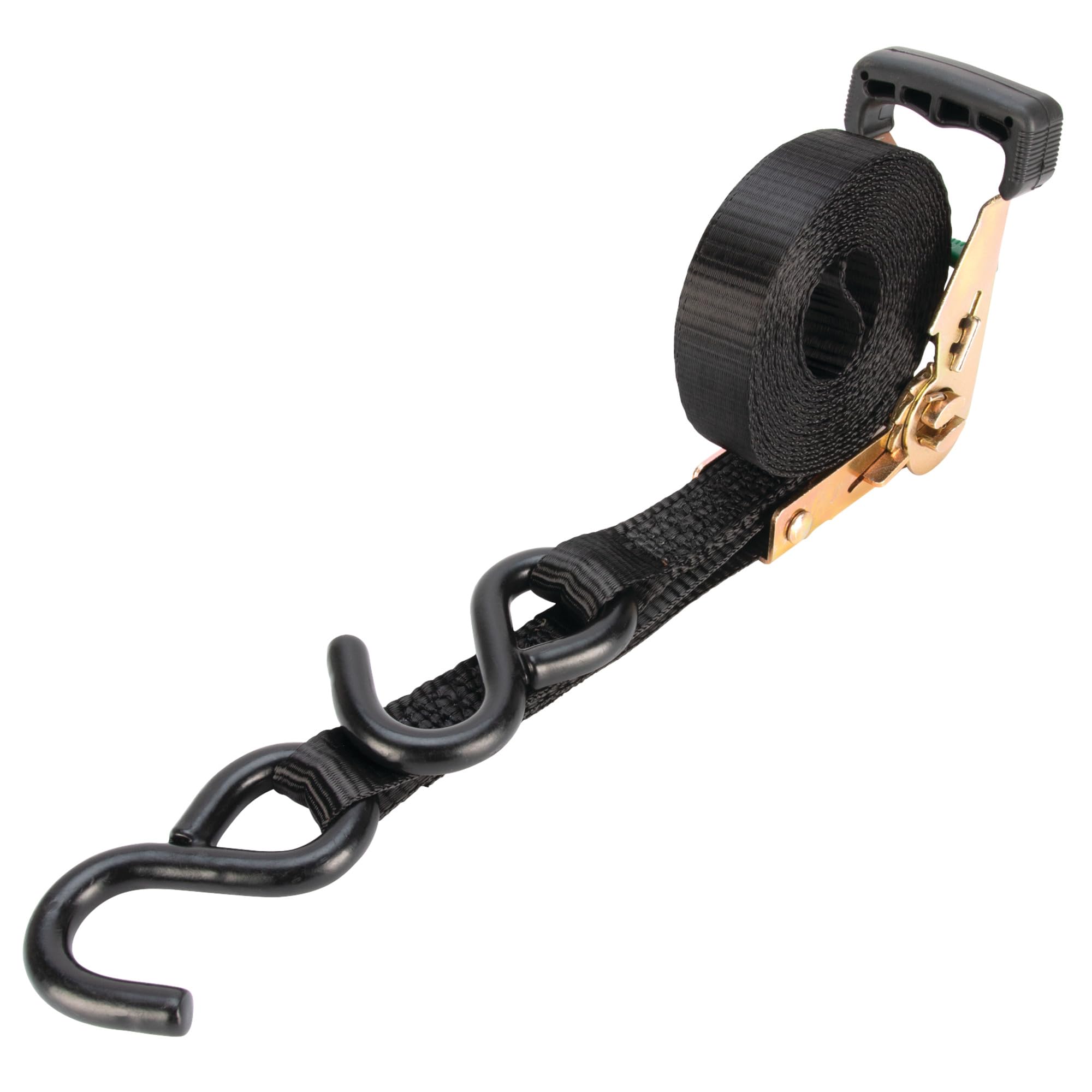 1-in X 14-ft Performance Tool W1856 Ratcheting Tie Down Strap: 1000 lb Load Limit, 3000 lb Break Strength, Strong Poly Webbing, Padded Comfort Ratchet Handle, Vinyl Hooks, Heavy Duty, Black