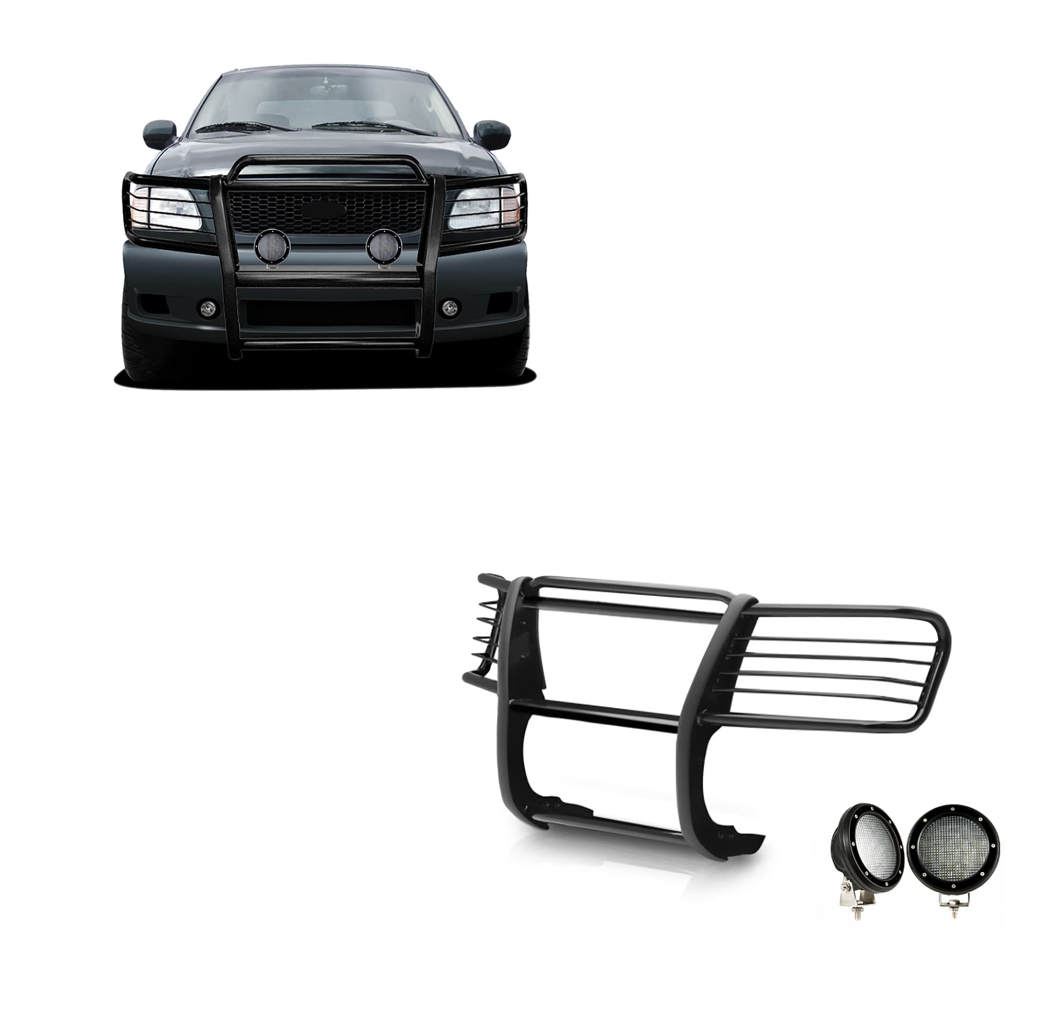 Bumper Guard Black Horse Grille brush Modular Come with Pair of 5.3"LED Lights with Black Trim Rings Compatible with 1999-2002 Expedition|1999-2004 F-150|1999-2007 F-250 Super Duty-17FP27MA-PLFB