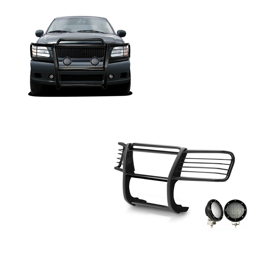 Bumper Guard Black Horse Grille brush Modular Come with Pair of 5.3"LED Lights with Black Trim Rings Compatible with 1999-2002 Expedition|1999-2004 F-150|1999-2007 F-250 Super Duty-17FP27MA-PLFB