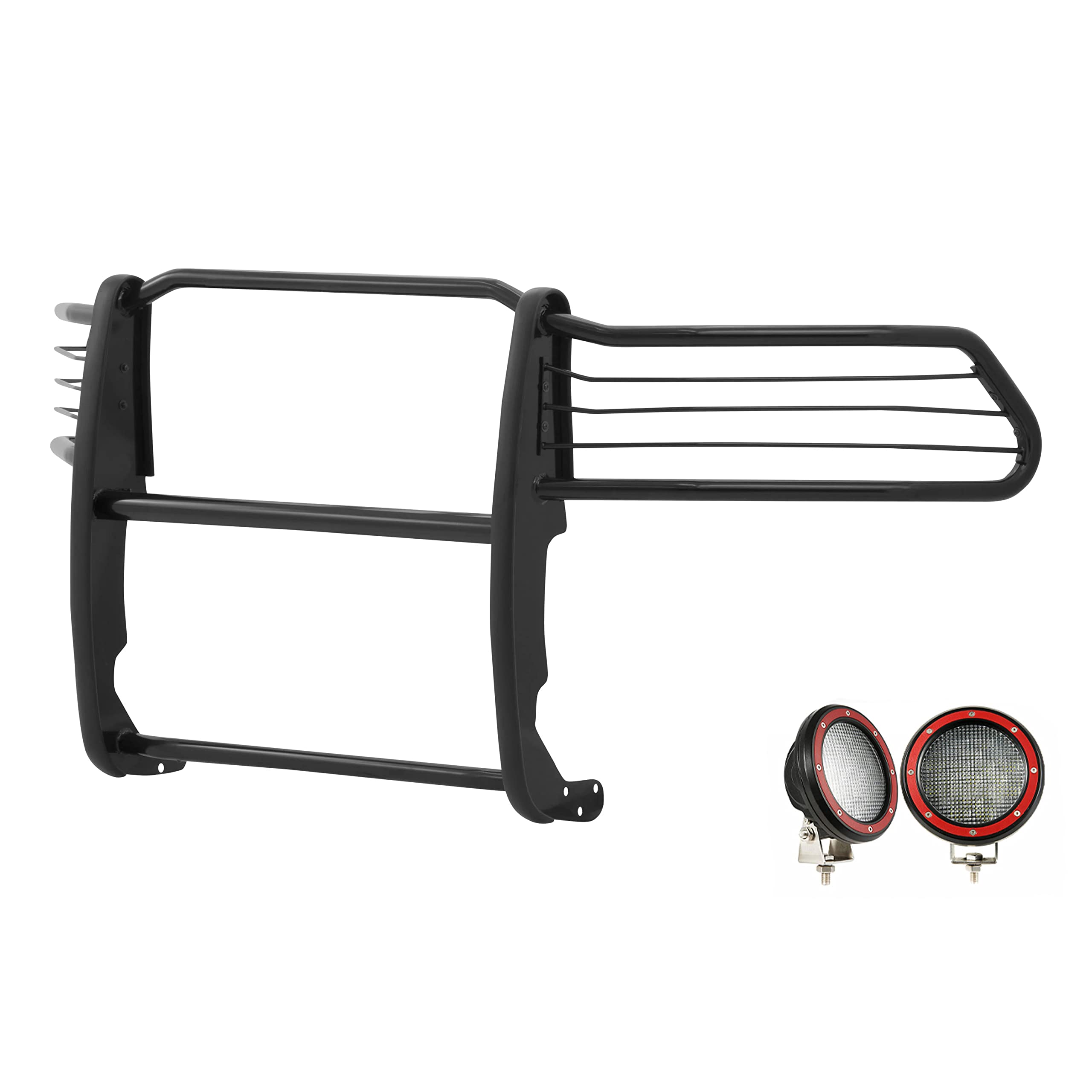 Grille Brush Black Horse Bumper Guard Modular Come with Pair of 5.3" Dia.LED Lights with Red Trim Rings Compatible with 2009-2018 Dodge Ram 1500|2019-2024 Ram 1500 Classic-17DG109MA-PLFR