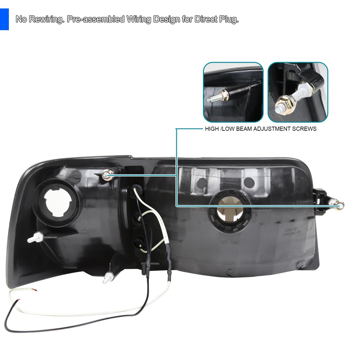 1PC LED Strip Headlights + Corner Lights SPEC-D TUNING Chrome Housing Clear Lens Compatible with 1993-1997 Ford Ranger L+R Pair Head Light Lamp Assembly