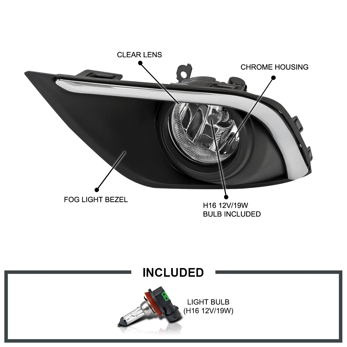 Fog Lights + H16 Bulbs + Switch + Wiring SPEC-D TUNING Compatible with 2016-2020 Mitsubishi Outlander, L+R Pair Assembly