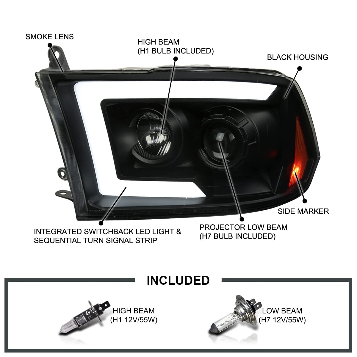 Black Smoke SPEC-D TUNING Projector Headlights Sequential Switchback LED Signal Compatible with 2009-18 Dodge RAM 1500/2500/3500, 2019-24 Dodge RAM 1500 Left + Right Pair Headlamps Assembly