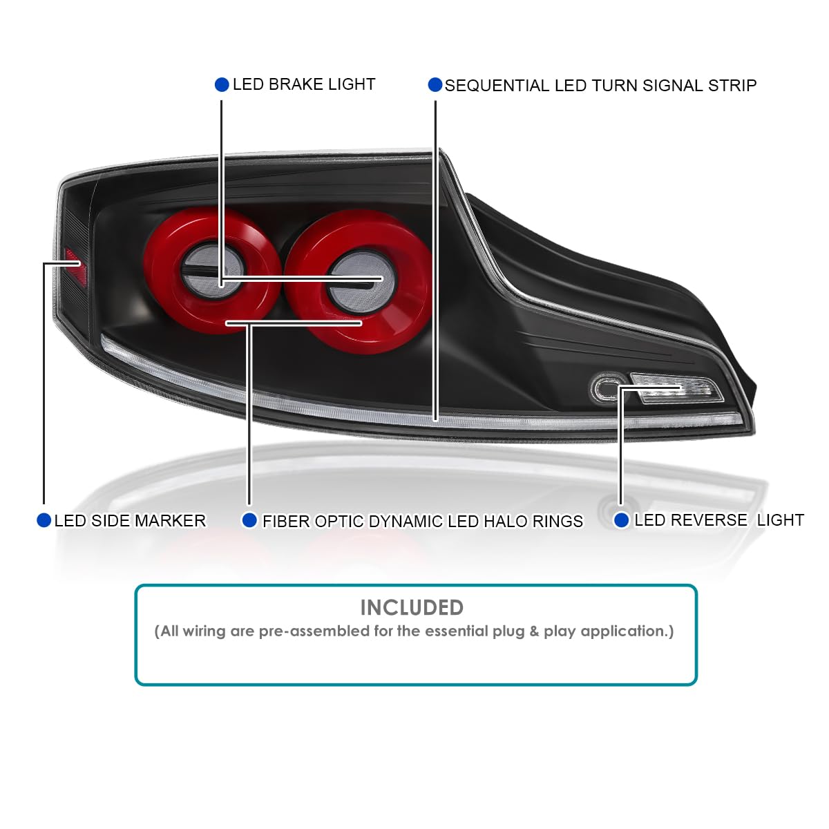 Full LED Tail Lights SPEC-D TUNING w/Red Fiber Optic Halo Ring, Sequential Turn Signal, and Startup Animation Compatible with 2003-2007 Infiniti G35, Left + Right Pair Assembly