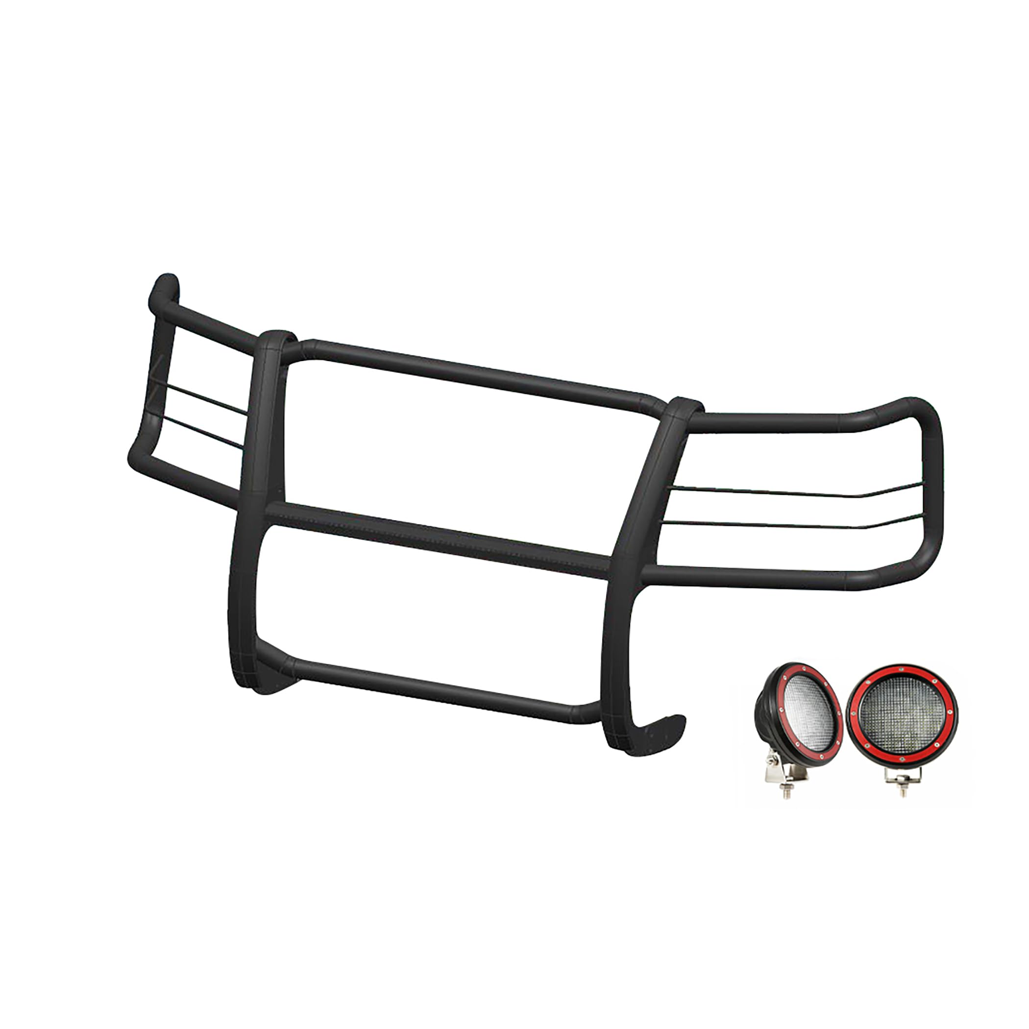 Bumper Guard Modular Black Black Horse Grille brush Come With Pair of 5.3" Dia.LED Lights with Red Trim Rings Compatible with 2015-2024 Chevrolet Express Passenger-17GV02MA-PLFR